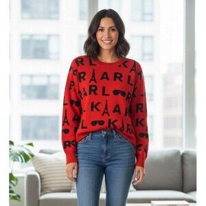 ​NWT Karl Lagerfeld Paris Red Sweater XL Eiffel Tower Sunglasses Logo Knit $99